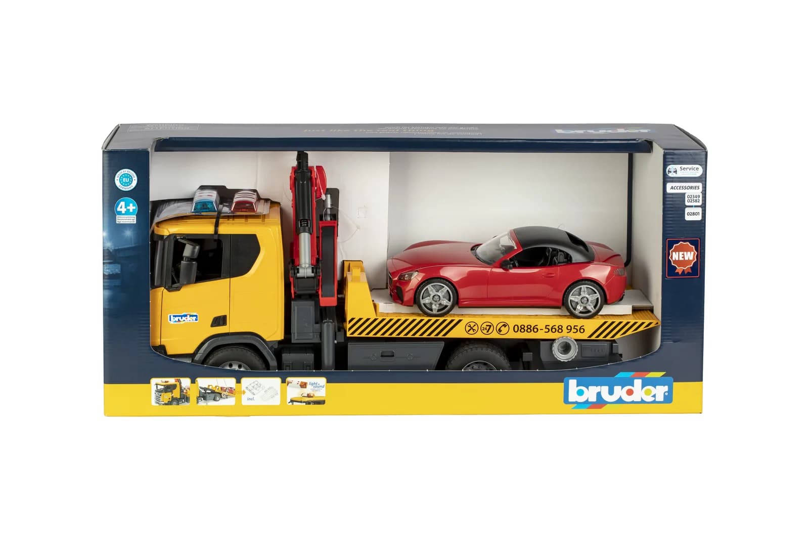 Евакуатор Scania Super 560R з краном-маніпулятором та автомобіль Roadster 1:16 Bruder 03552 фото 9