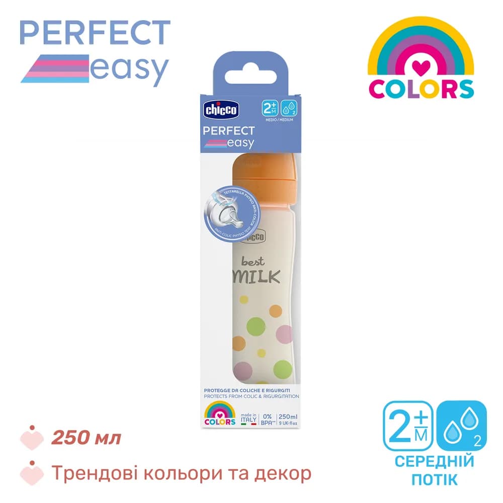 Пляшечка пластикова Chicco Perfect Easy 250мл, соска силіконова, середній потік 0+ 20243.10 фото 2