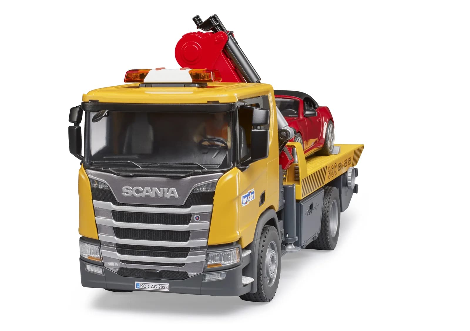 Евакуатор Scania Super 560R з краном-маніпулятором та автомобіль Roadster 1:16 Bruder 03552 фото 2