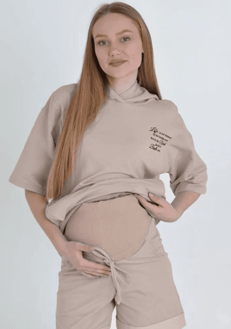 Костюм спортивний для вагітних та годування (толстовка+шорти) 44-48 Dizhimama DJM-35 -бежевий