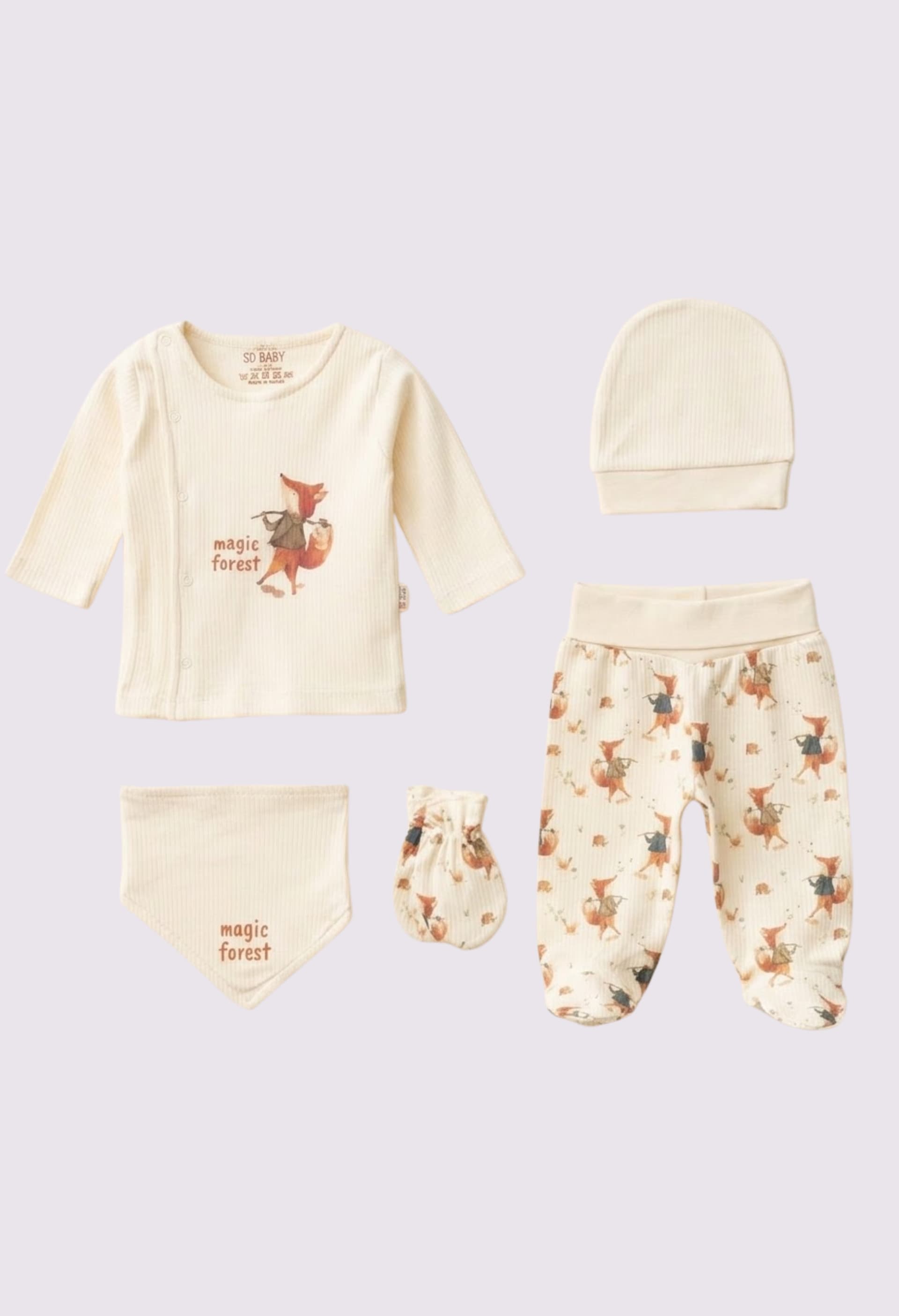 Комплект (кофта, повзунки, шапочка, слинявчик, царапки) 56 SD Baby 2121 cв.беж