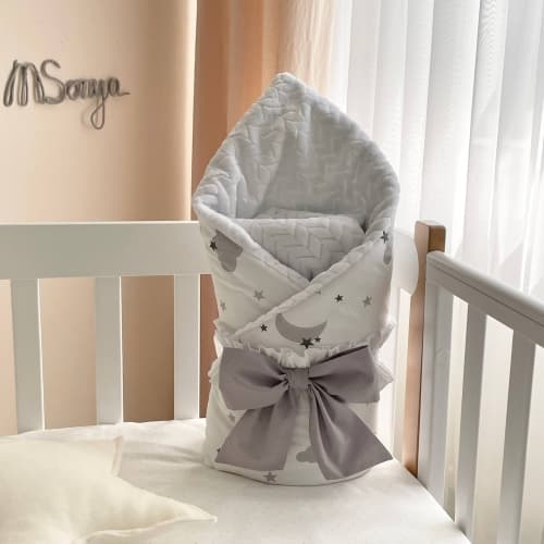 Плед-конверт з ковдрою Маленькая Соня на Minky/косичка Хмаринки сірі 10500487-1 з бантиком