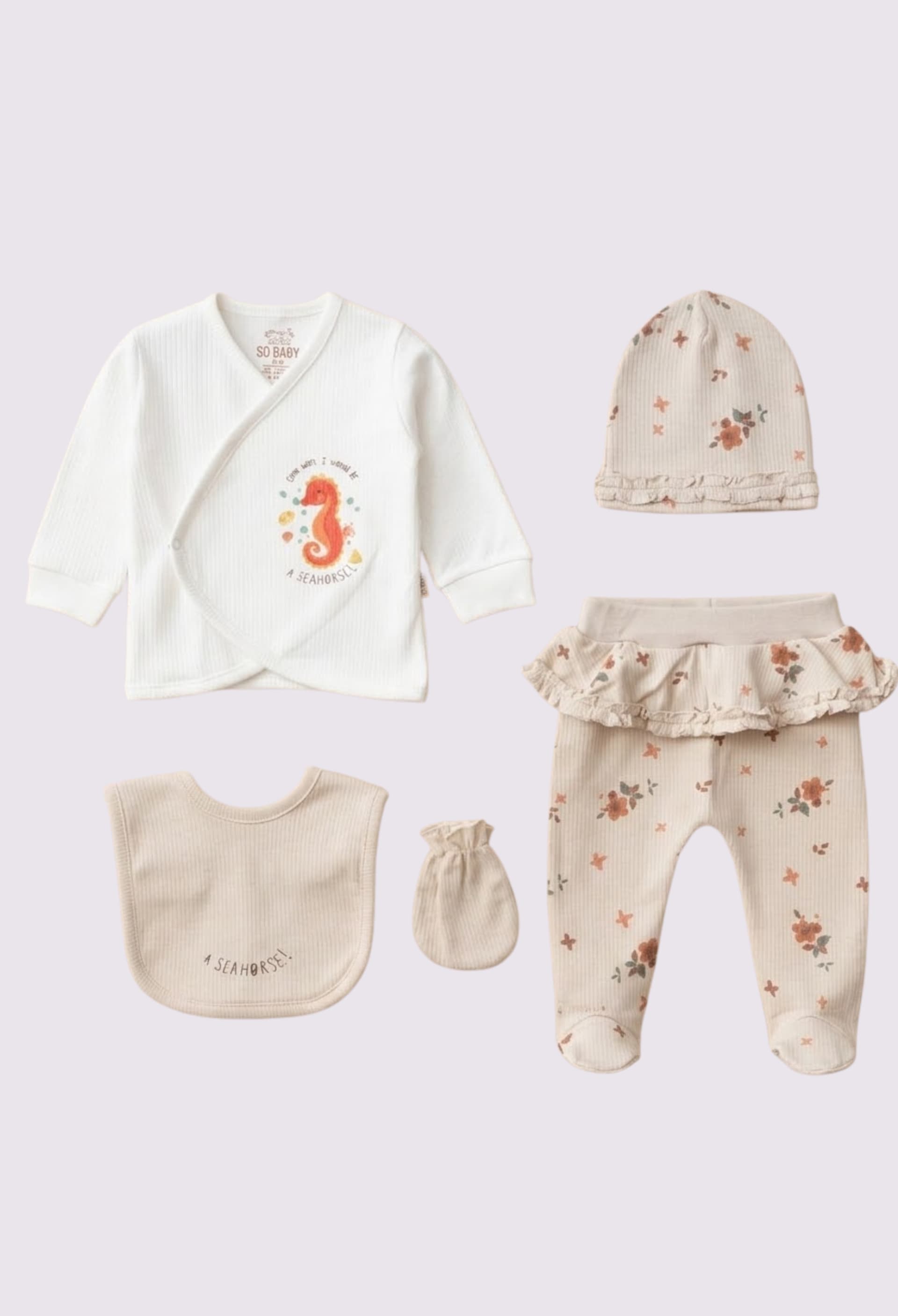 Комплект (кофта, повзунки, шапочка, слинявчик, царапки) 56 SD Baby 2131 мол/беж Комплект (кофта, повзунки, шапочка, слинявчик, царапки) 56 SD Baby 2131 мол/беж